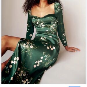 NWT Reformation Gloriana 100% Silk Green Dress With Floral Print-size 4